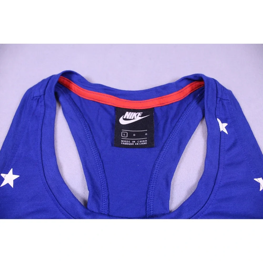 Nike Womens Blue Star Print Racerback Tank Top Orange Logo Size Large Patriotic
